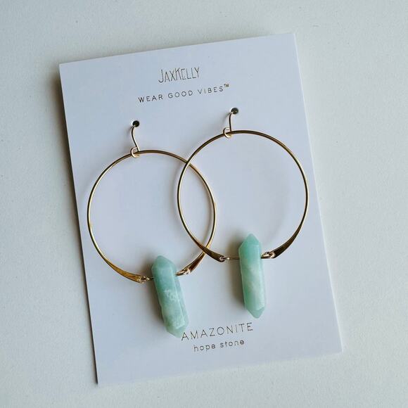 Amazonite Aqua Mint Gold Handmade Boho Gemstone Crystal Hoop Earrings Hoops - Picture 6 of 7
